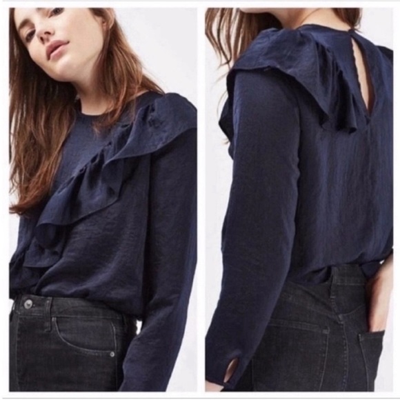 Topshop shirt navy blue satin ruffle long sleeves - Picture 1 of 9